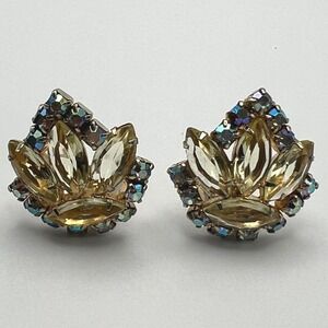 Vintage Clip On Statement Earrings Yellow and AB Rhinestones Gold‎ Tone